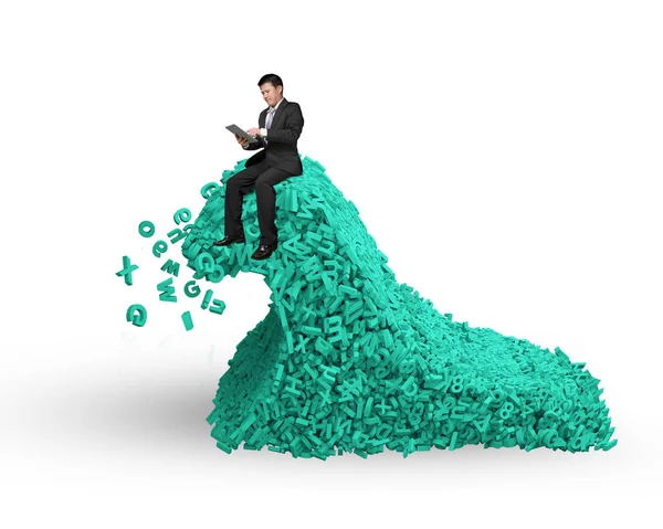 Big data. un enorme tsunami de personajes ola con hombre de negocios sittin — Foto de Stock