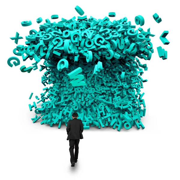 Big data. Businessman walking toward a huge characters tsunami w — Stock Photo, Image