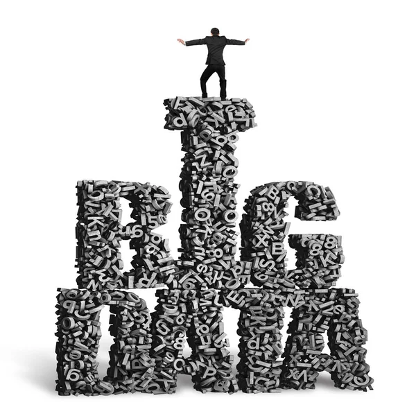Stående affärsman balans på Big data ord av 3D-tecken — Stockfoto