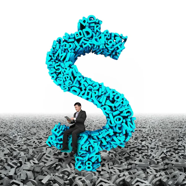 Biznesmen siedzący znak dolara symbol pieniądze, 3D postacie duże — Zdjęcie stockowe