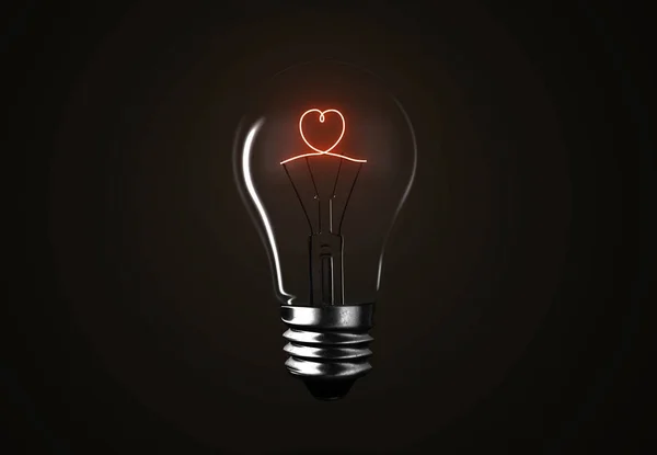 Lámpara de bombilla de iluminación en forma de corazón sobre fondo negro, representación 3D — Foto de Stock