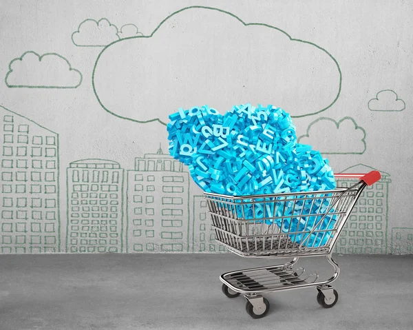 Big data. Blue characters cloud in shopping cart. doodles wall — Stock Photo, Image