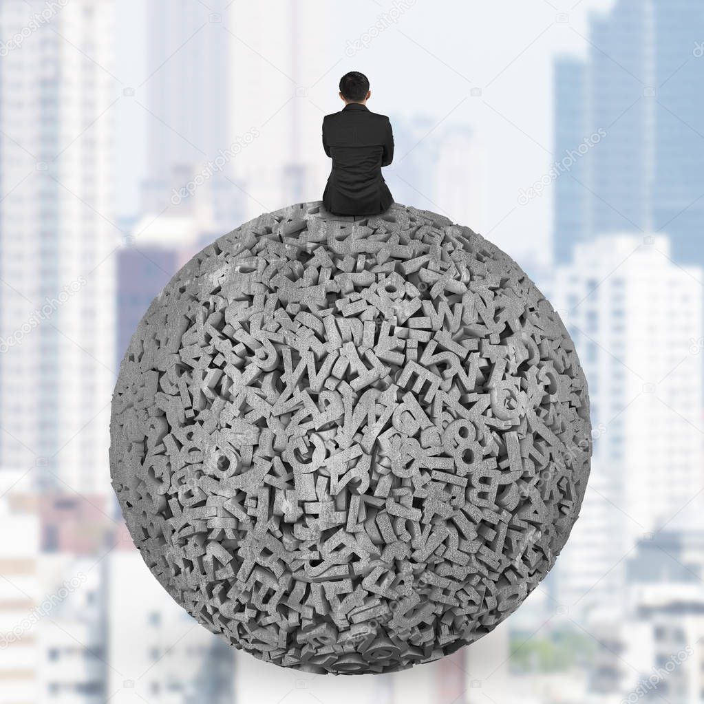 Businessman sitting on concrete ball of 3d characters big data.