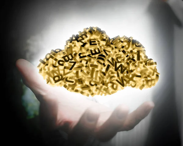 3D c kendini aydınlatılmış büyük veri bulutu tutan işadamı el — Stok fotoğraf
