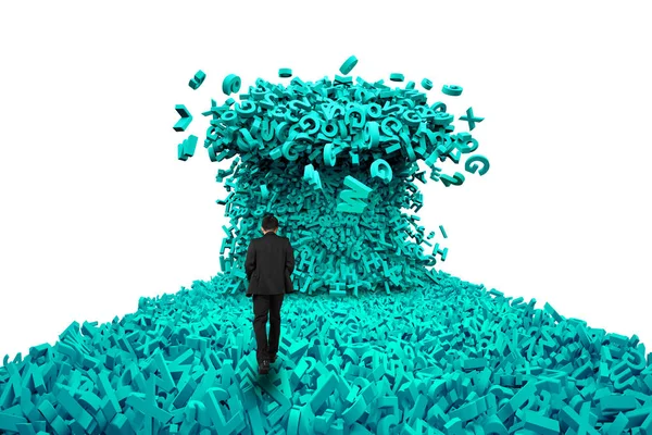 Big data. Businessman walking toward a huge characters tsunami w — Stock Photo, Image