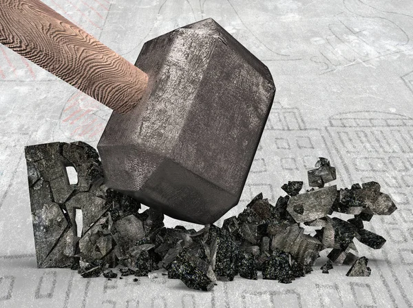 Vorschlaghammer zertrümmert Regel Beton Wort geknackt. — Stockfoto