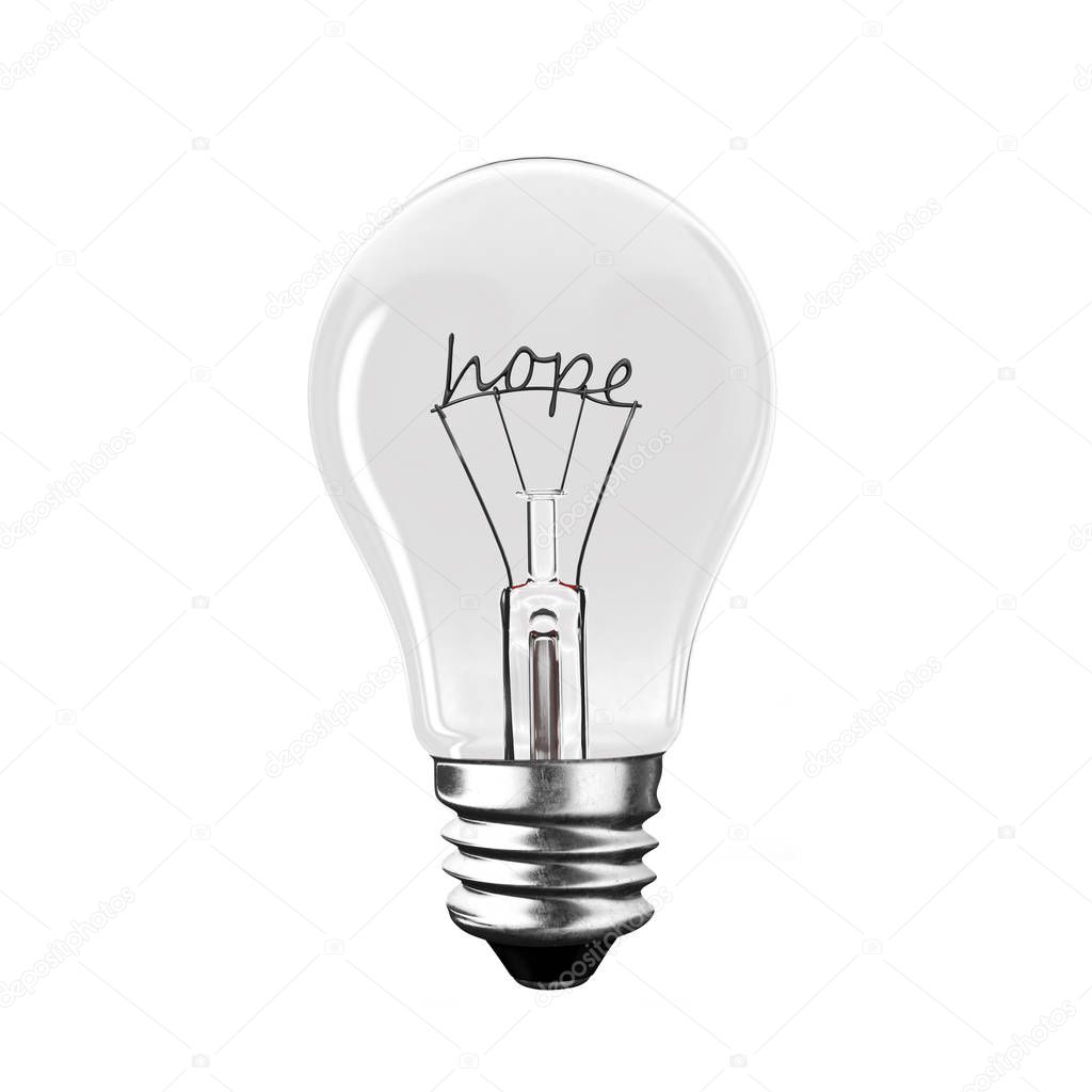 Light bulb with hope word wire shape. 3D rendering.