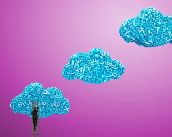 Big data. Personajes azules en forma de nube con hombre de negocios climbi —  Fotos de Stock