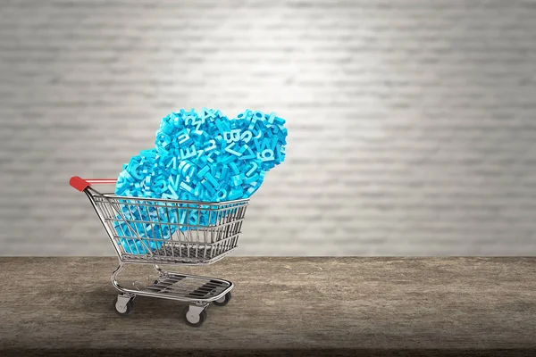 Big data. Blue characters cloud in shopping cart on desk. — Stock Photo, Image