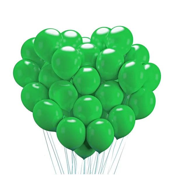 Yüzen yeşil balonlar, kalp şekli, aşk için hediye, 3d renderin — Stok fotoğraf