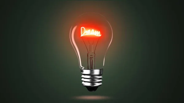 Lâmpada de lâmpada de iluminação palavras de sonho no fundo preto, renderização 3D Fotos De Bancos De Imagens