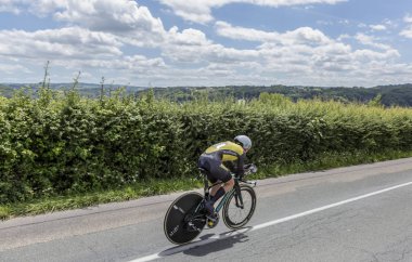 Bourgoin-Jallieu, Fransa-07, Mayıs, 2017: Hollandalı bisikletçi Antwan Tolhoek Lottonl-Jumboteam zaman deneme aşamasında kriter du Dauphine 2017 4 sürme. 
