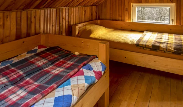 Bedroom Two Beds Wooden Chalet — Stock Photo, Image