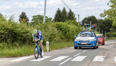 Bourgoin-Jallieu, Fransa-07, Mayıs, 2017: Belçikalı bisikletçi Frederik Backaert Wanty-Groupe Gobert zaman deneme aşamasında kriter du Dauphine 2017 4 sürme takımı. 