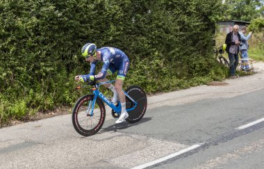 Bourgoin-Jallieu, Fransa-07, Mayıs, 2017: Belçikalı bisikletçi Frederik Backaert Wanty-Groupe Gobert zaman deneme aşamasında kriter du Dauphine 2017 4 sürme takımı. 