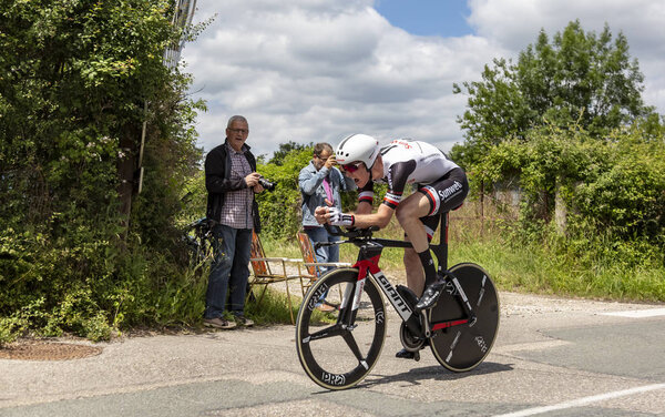 Bourgoin-Jallieu, France - 07, May, 2017: The American cyclist Chad Haga of Team Sunweb riding during the time trial stage 4 of Criterium du Dauphine 2017. 
