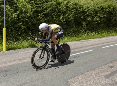Bourgoin-Jallieu, Fransa-07, Mayıs, 2017: Amerikalı bisikletçi Alexey Vermeulen Lottonl-Jumbo zaman deneme aşamasında kriter du Dauphine 2017 4 sürme takımı. 