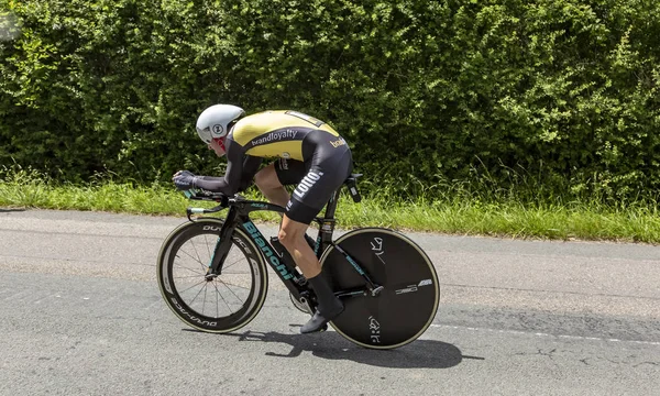 Bourgoin-Jallieu, Fransa-07, Mayıs, 2017: Amerikalı bisikletçi Alexey Vermeulen Lottonl-Jumbo zaman deneme aşamasında kriter du Dauphine 2017 4 sürme takımı. 