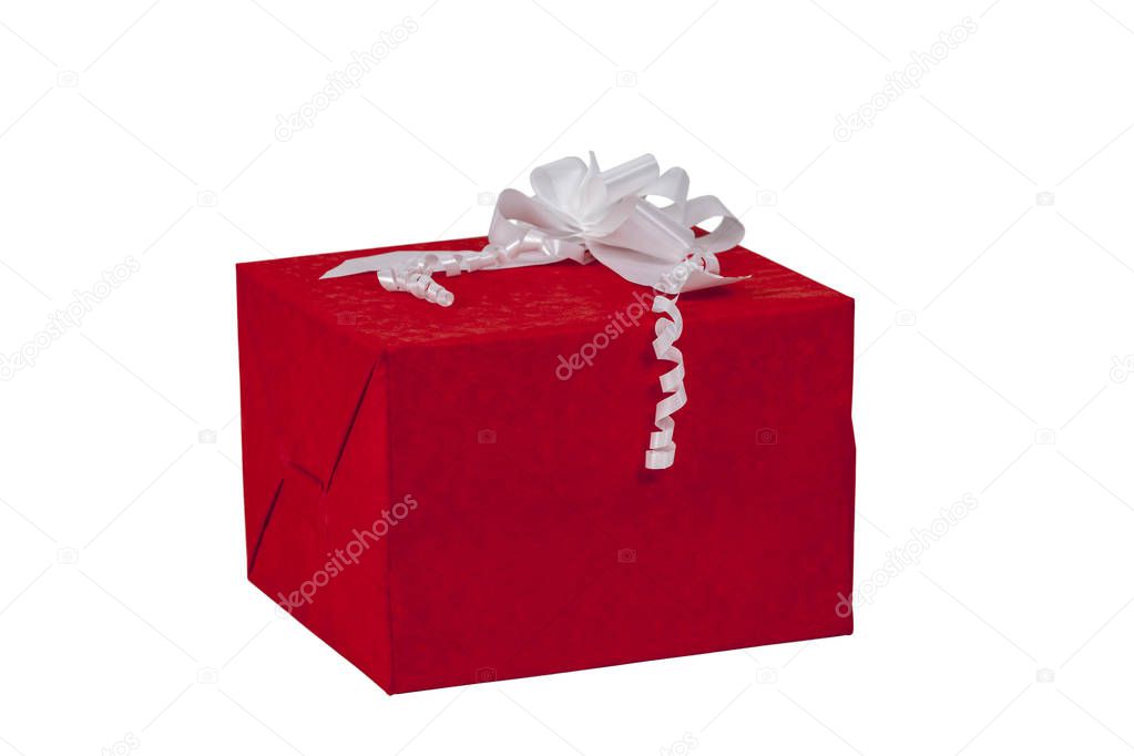 Image of a red gift box with a white bow isolated against a white background. Cliping path included in the file.