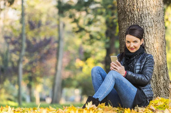 Portrait Young Woman Mobile Sitting Yellow Autumn Forest — Stock Photo, Image