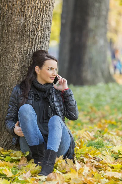 Bir Telefon Bir Sarı Sonbahar Ormanda Oturan Ile Genç Bir — Stok fotoğraf