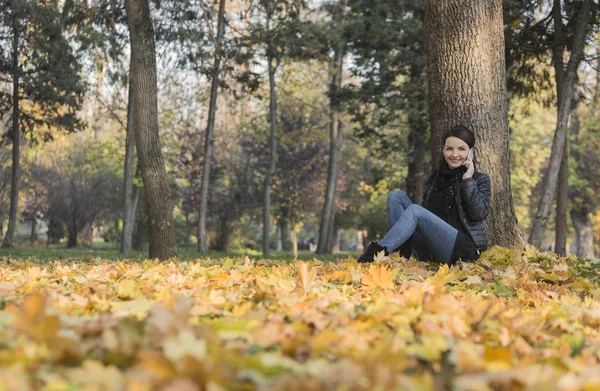 Portret Młodej Kobiety Komórkowy Siedząc Żółty Jesienny Las — Zdjęcie stockowe