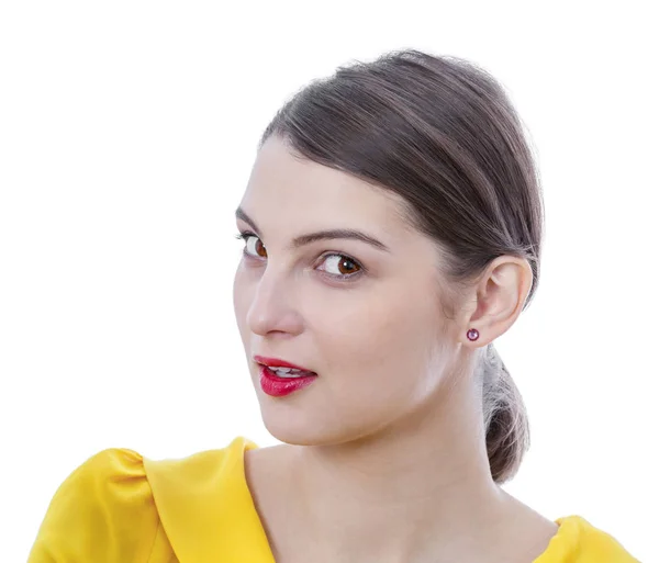 Portrait Young Woman Looking Camera Isolated White Background — Stock Photo, Image