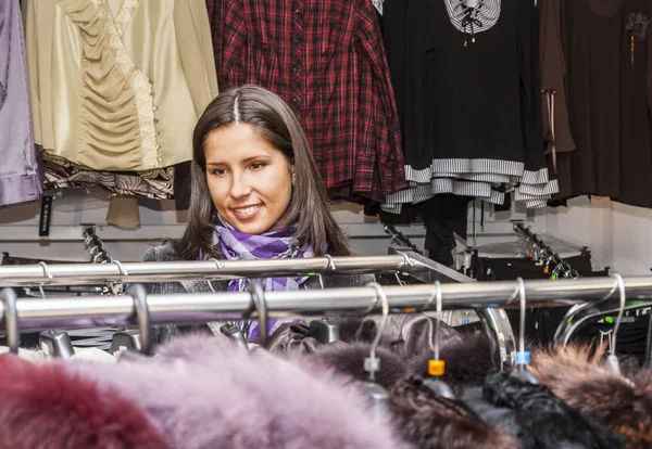 Happy Middle Aged Woman Shopping Clothing Store Winter Season — Stock Photo, Image