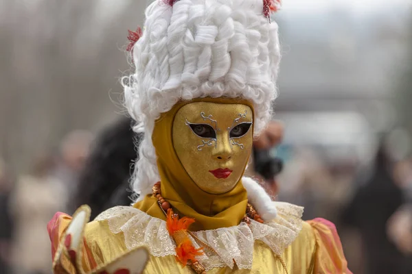 偽装人は 本物のヴェネツィアの美しさを祝うヴェネツィアのカーニバル中にフランスのアヌシーにポーズのアヌシー フランス 2014 肖像画 — ストック写真