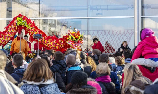 Noisy Grand France February 2018 Chinese Dragon Seen Crowd Spectators — Stock Photo, Image