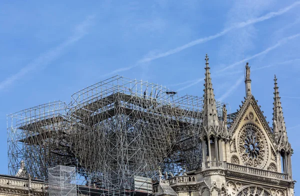 Detaljbild Ställningar Och Resterna Notre Dame Katedralen Paris Efter Branden — Stockfoto