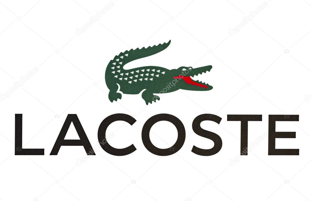 Paris - August 21, 2019: Lacoste logo is seen on a white background in Paris.