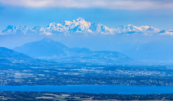 Hófödte Mont Blanc Massif Leman Lake Képe Francia Jura Hegységből — Stock Fotó