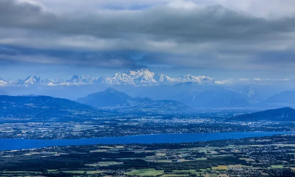 Hófödte Mont Blanc Massif Leman Lake Képe Francia Jura Hegységből — Stock Fotó