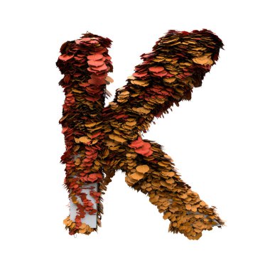 3D çizim sonbahar alfabesi ile kırmızı sarı bırakır. izole harf K 3d render