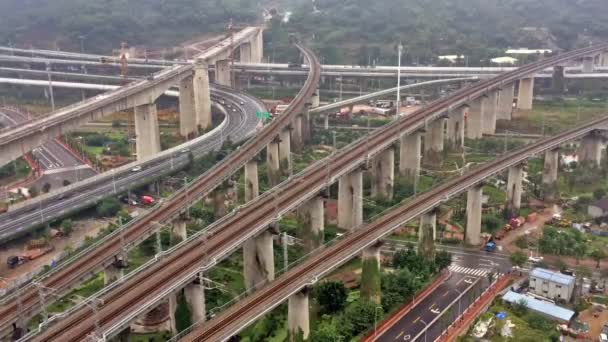 時間経過 複雑な道路のジャンクションと陸橋 中国福州市の空撮 — ストック動画