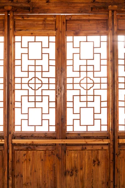 Closeup Chinese old wooden frame door with decorative pattern un — Stock Photo, Image
