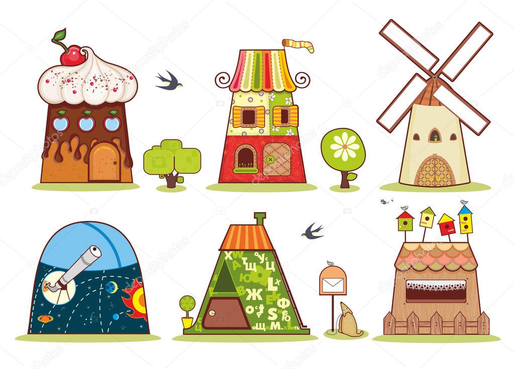 Fairy houses on a white background symbolizing people of different professions