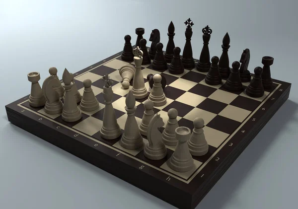 3DレンダリングChockate Chessmen Chessboard Position Debute 中央デビューの発展 — ストック写真