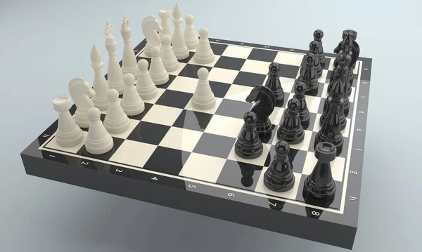 光沢のあるチェスボード上の3Dレンダリング磁器のチェスマン ニムゾビッチ ラーセン攻撃 インドのバリエーションの開発 — ストック写真