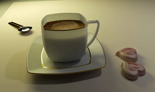 Rendering Porzellan Kaffeetasse Hochglanzlöffel Und Zwei Schokoladenherzen Auf Weißem Tuch — Stockfoto