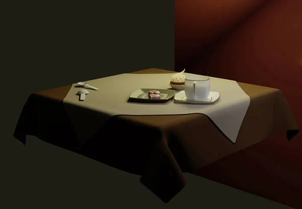 3D将瓷杯和巧克力心放在桌布上 用考菲褐色布和乳白色餐巾制成 — 图库照片