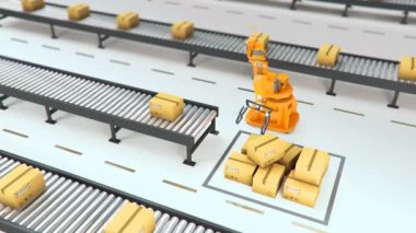 Karton kutuları kümesi ve özel taşıma robot ve mekanik kol için ambalaj, kullanarak Hidrolik makine üzerinde beyaz illüstrasyon izole