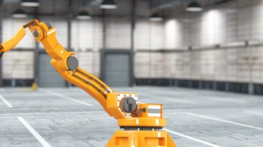 Karton kutuları kümesi ve özel taşıma robot ve mekanik kol için ambalaj, kullanarak Hidrolik makine üzerinde beyaz illüstrasyon izole