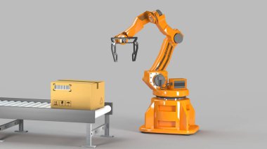 Karton kutuları kümesi ve özel taşıma robot ve mekanik kol için ambalaj, kullanarak Hidrolik makine üzerinde beyaz illüstrasyon izole