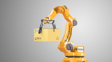 Karton kutuları kümesi ve özel taşıma robot ve mekanik kol için ambalaj, kullanarak Hidrolik makine üzerinde beyaz illüstrasyon izole