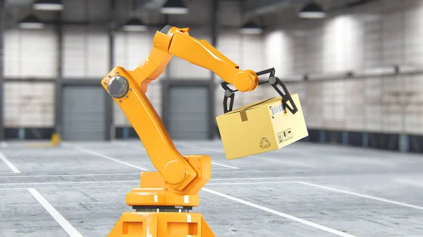 Karton kutuları kümesi ve özel taşıma robot ve mekanik kol için ambalaj, kullanarak Hidrolik makine üzerinde beyaz illüstrasyon izole