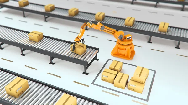 Karton kutuları kümesi ve özel taşıma robot ve mekanik kol için ambalaj, kullanarak Hidrolik makine üzerinde beyaz illüstrasyon izole