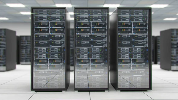 Centro de sala de servidores que intercambia datos cibernéticos y conexiones renderizado 3D — Foto de Stock