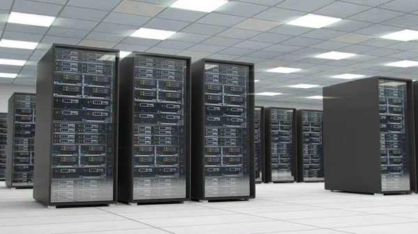 Centro de sala de servidores trocando dados cibernéticos e conexões renderização 3D Fotos De Bancos De Imagens